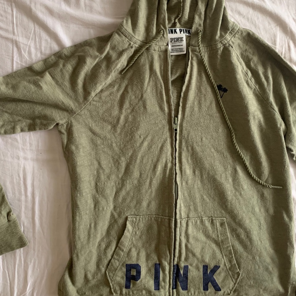 VS PINK camo green hooded cropped zip up